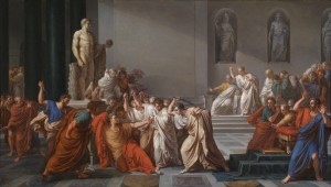 318 PAINTINGS Painting The Death of Julius Caesar Camuccini, Vincenzo (1771 - 1844, Italian) Circa 1825-1829 Oil on canvas Italian Unframed: 727 mm x 1291 mm The Emperor, attacked in the Senate by a group of Conspirators, including Brutus, Cassius and many of the Senators, falls under their daggers at the base of the statue of Pompey. The spectators show symptoms of the livliest horror and amazement. Niches in the wall are occupied with statuary figures